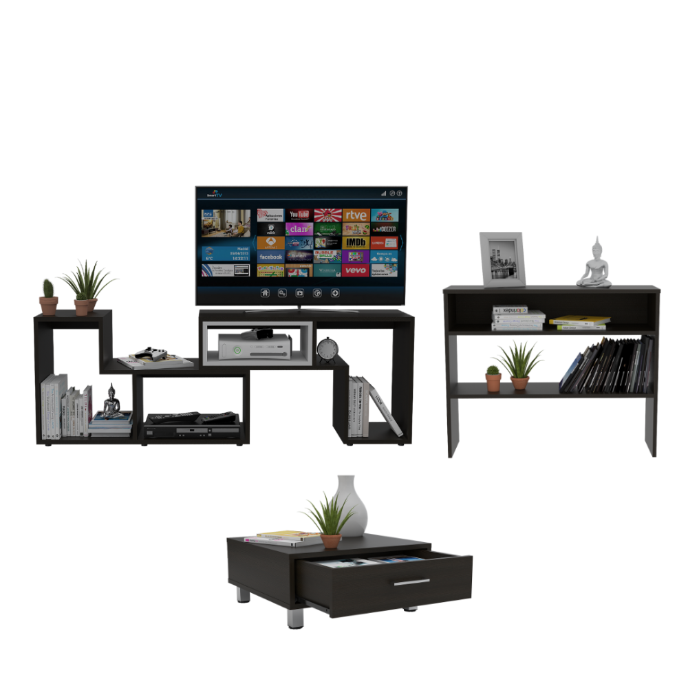 Rack Extensible + Arrimo + Mesa de Centro Beijing Color Wengue Para Sala De Estar